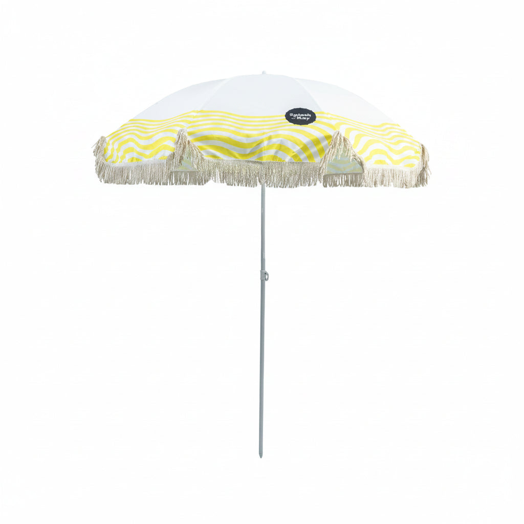Beach umbrella with yellow and white striped canopy on a white background