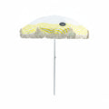 Beach umbrella with yellow and white striped canopy on a white background