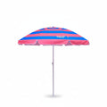 Pink and blue striped beach umbrella on a white background