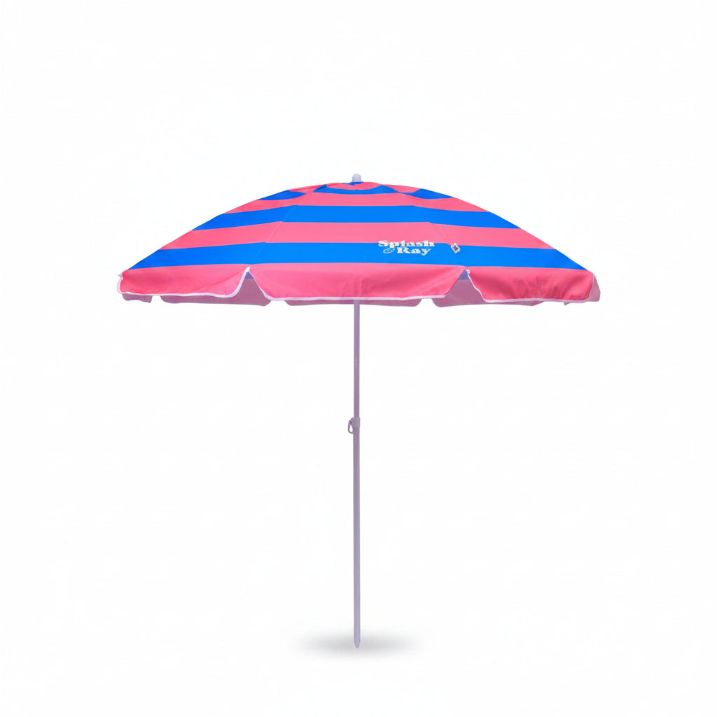 Pink and blue striped beach umbrella on a white background