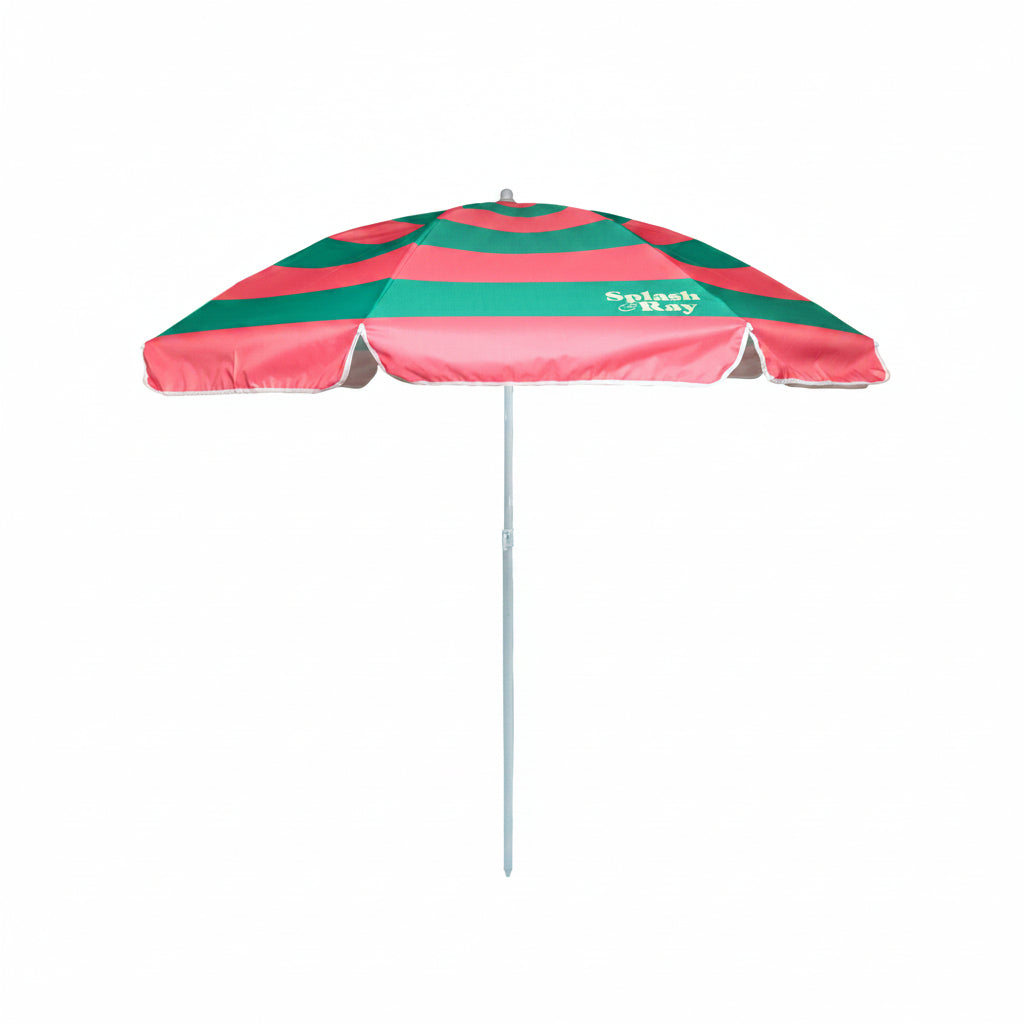 Pink and green striped beach umbrella on a white background