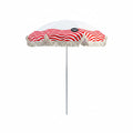 Red and white striped beach umbrella with fringe on a white background